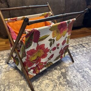 Vtg Sewing Caddy Tote Knitting Basket Yarn Stand Wood Frame Floral *See Pics*